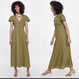 ZARA Green T SHIRT MIDI Maxi Buttoned Front Dress Size L NWT